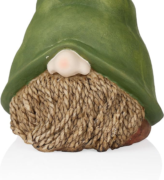 Close-up of green garden gnome rope beard with pale nose detail under hat brim