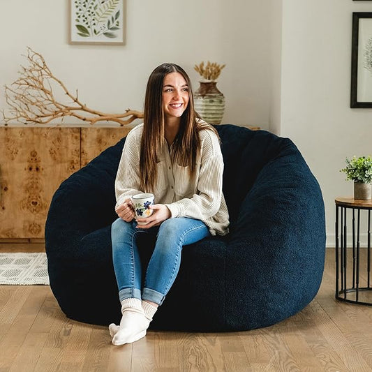 Deep Navy Boucle Cloudberry Cocoon Bean Bag Chair - Giant Structured Round Lounge Chair for Nursery, Reading, and the Most Enveloping Seat in the House