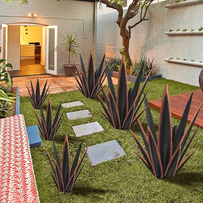 Large Tequila Rustic Sculpture, Rustic Metal Agave Plants for Outdoor Patio Yard, Home Decor Hand Painted Metal Agave Garden Yard Statue, Outdoor Lawn Ornaments Yard Stakes (Black -L)