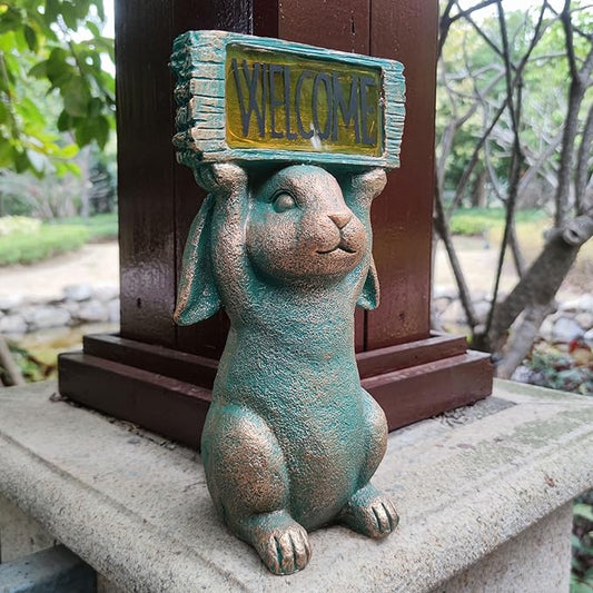 Solar Rabbit Garden Statue Holding Welcome Sign - 11.5-Inch Resin Porch and Garden Decor