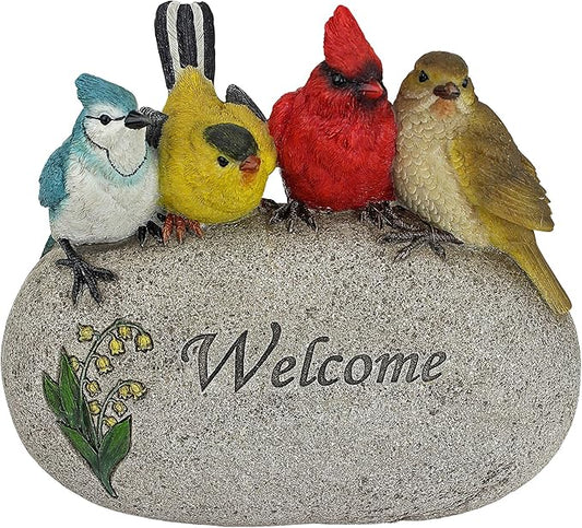 Birdy Welcome Garden Stone Statue with 4 Birds - Indoor and Outdoor Entryway Decor