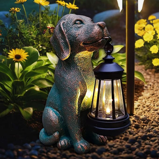 Solar Dog Garden Statue with Lantern - 9.4-Inch Resin Outdoor Decor