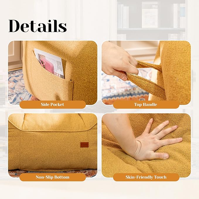 Mustard Chenille Cushioned Bean Bag Armchair - Structured Memory Foam Lounge Chair for Maximalist Interiors, Reading Nook, and Warm Eclectic Spaces