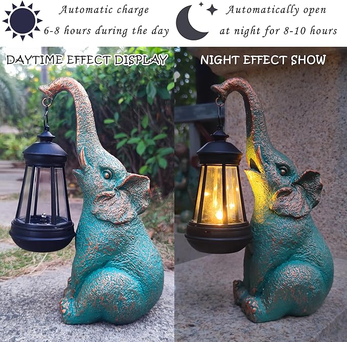 Solar Elephant Garden Statue Holding Lantern - Resin Outdoor Decor Good Luck Gift