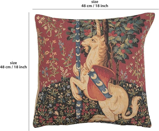 Square unicorn tapestry pillow cover, burgundy floral fabric with unicorn and tree motif