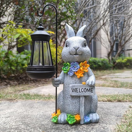 Solar Rabbit Garden Statue with Lantern and Flowers - 12-Inch UV-Resistant Resin Outdoor Decor