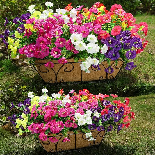 Two mixed-color faux morning glory flower bundles in metal planter on grass