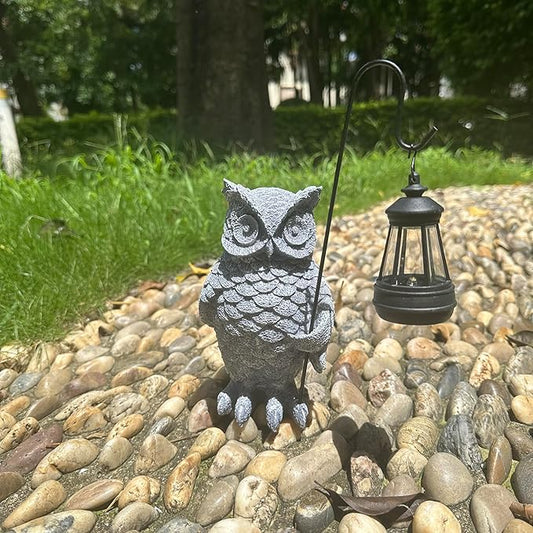 Solar Owl Lantern Garden Statue - 9.8-Inch Hand-Carved Stone Composite Indoor and Outdoor Decor