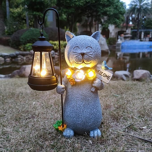 Solar Cat Garden Statue with Lantern and Flowers - 12-Inch UV-Resistant Resin Outdoor Decor