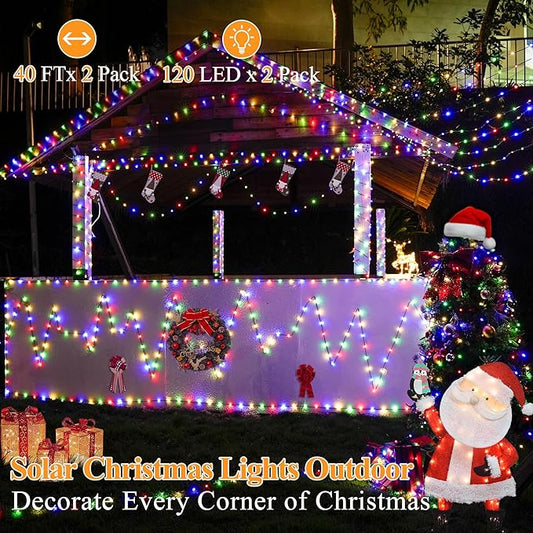 Multicolour Solar String Lights 2 Pack – 240 LED 80ft | IP67 Waterproof | Auto Dusk-to-Dawn | 8 Modes Memory | Garden Party Christmas Wedding Outdoor