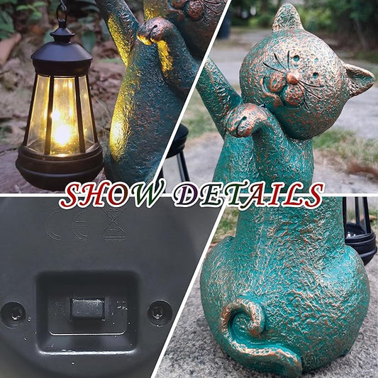 Solar Cat Garden Statue Holding Lantern - Resin Outdoor Decor with Warm Welcoming Glow