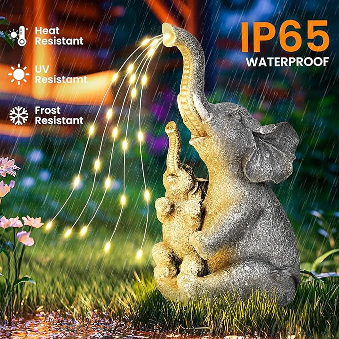 Solar Elephant Garden Statue with LED Light - IP65 Waterproof Resin Decor