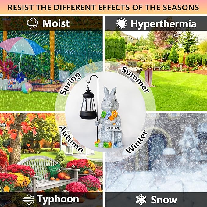 Solar Rabbit Garden Statue with Lantern and Welcome Sign - Resin Outdoor Decor