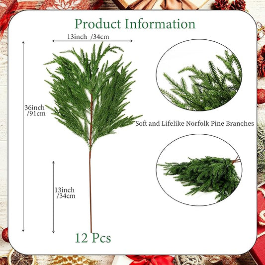 Set of 12 artificial Norfolk pine branches shown on product card with size diagrams