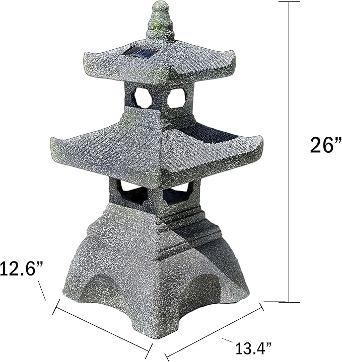 2-Tier Pagoda Solar Garden Statue with LED Light - 26-Inch Zen Outdoor Decor