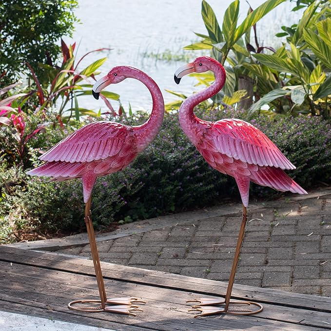 2-Pack Large Metal Flamingo Garden Statues - Textured Bird Yard Art and Event Decor