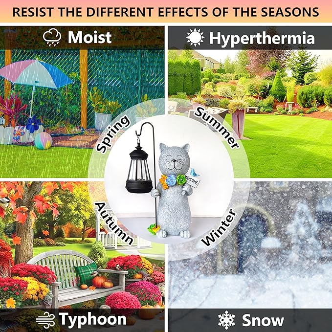 Solar Cat Garden Statue with Lantern and Flowers - 12-Inch UV-Resistant Resin Outdoor Decor