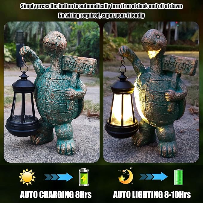 Solar Turtle Garden Statue with Welcome Sign and Lantern - 10-Inch Resin Decor