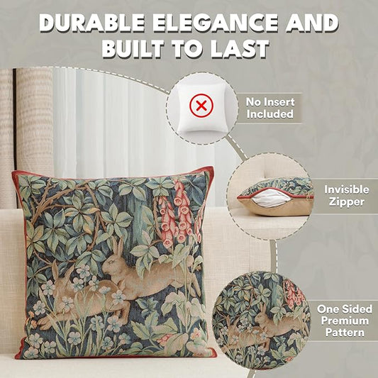 Square tapestry pillow cover with rabbit-and-flower design and invisible zipper opening diagram