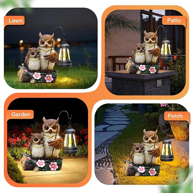 Owl Family Solar Garden Statue with LED Lantern - IP65 Resin Decor