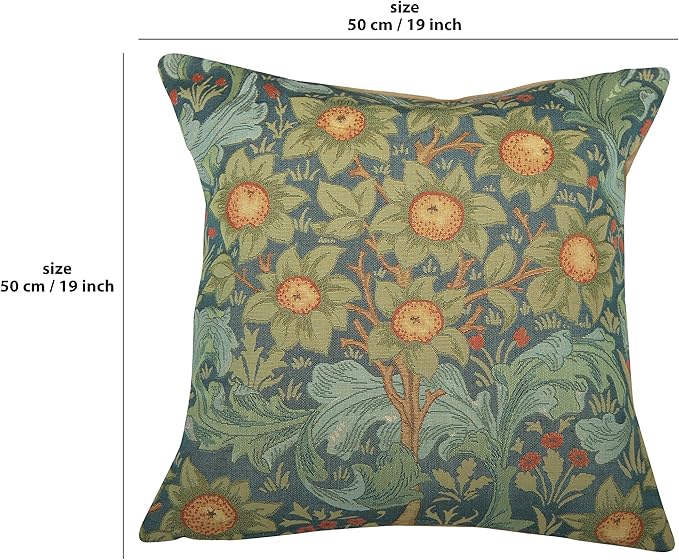 Square pillow cover showing full design: dark blue foliage with orange flower bursts