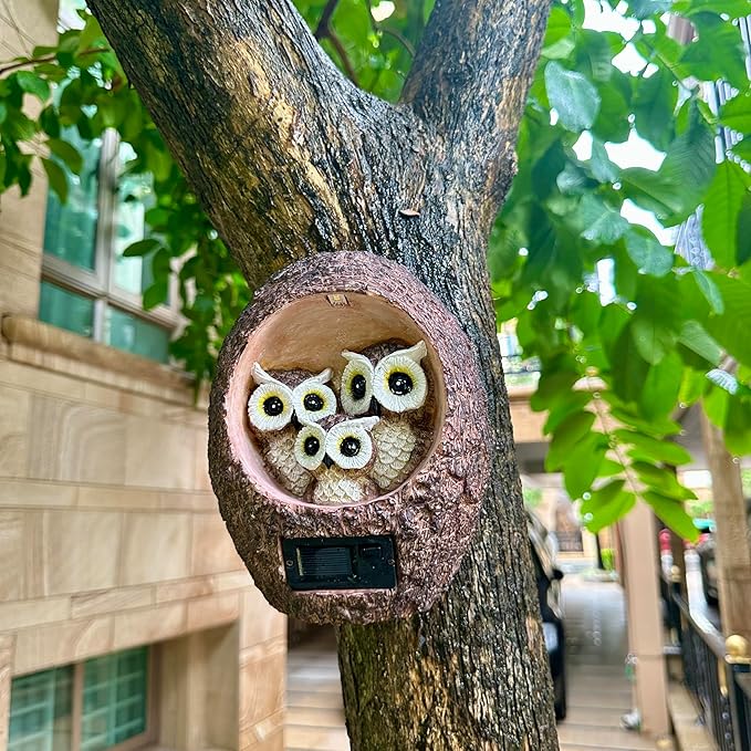 Solar Owl Family Garden Statue - Hanging Tree Hollow Resin Sculpture with Dual LED Amber Glow