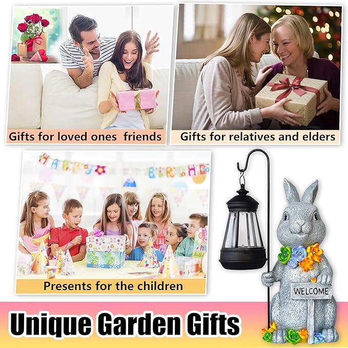 Solar Rabbit Garden Statue with Lantern and Flowers - 12-Inch UV-Resistant Resin Outdoor Decor