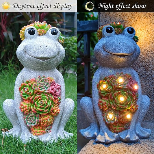 Large Frog Solar Garden Light with Succulents - Hand-Painted Resin Figurine with 8 Warm White LEDs for Lawn, Patio, Yard, and Balcony