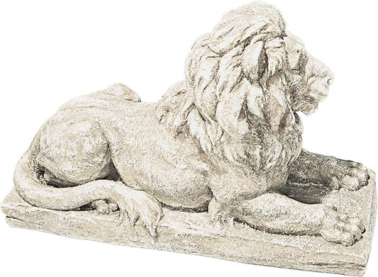 Lyndhurst Manor Lion Sentinel Garden Statue - 27-Inch Antique Stone Resin Sculpture for Entryway, Patio, Lawn, and Driveway
