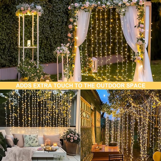 Warm White Curtain Lights – 300 LED 9.8x9.8ft | Remote Control Dimmable | UL Listed IP44 | Bedroom Backdrop Wedding Christmas Patio Dorm Indoor Outdoor
