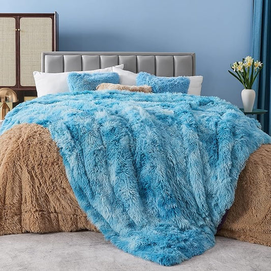 Tie-Dye Ocean Blue Faux Fur Throw Blanket – 50"x60" | 1.5" Deep Shaggy Plush | Boho Couch Throw for Sofa & Bed
