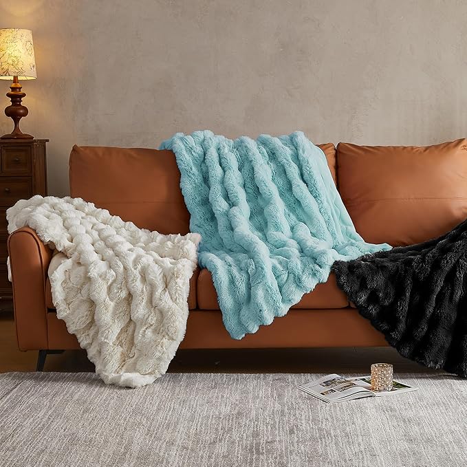 Blue Faux Fur Queen Blanket – 90"x90" | 750GSM Wavy Bubble Texture | Bold Sophisticated Plush Throw for Bed, Sofa & Chaise Lounge