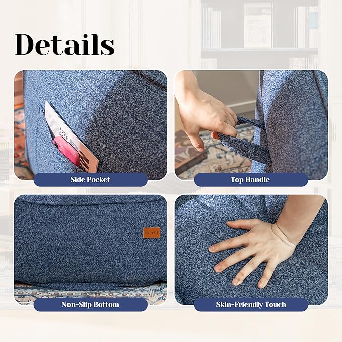 Denim Blue Chenille Memory Foam Bean Bag Armchair - Deep Recline Lounge Chair with Armrests for Reading Nook, Nursery, and Modern Home