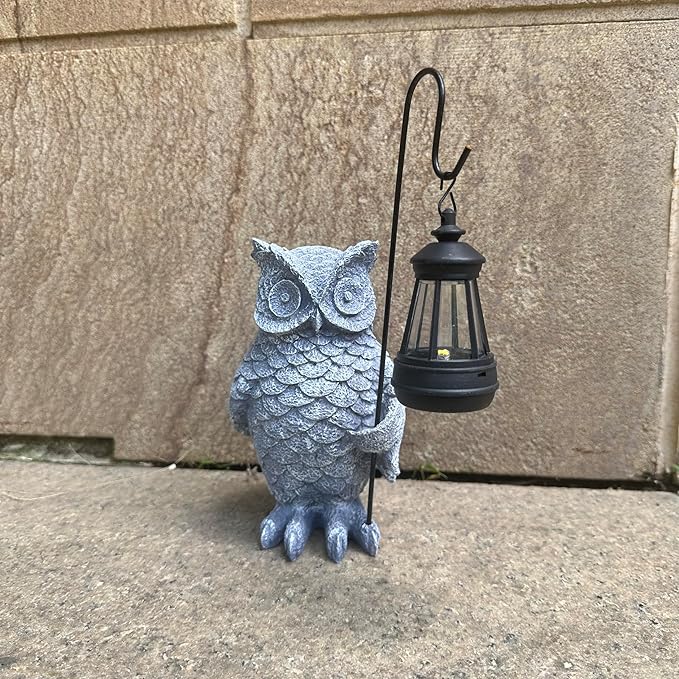 Solar Owl Lantern Garden Statue - 9.8-Inch Hand-Carved Stone Composite Indoor and Outdoor Decor