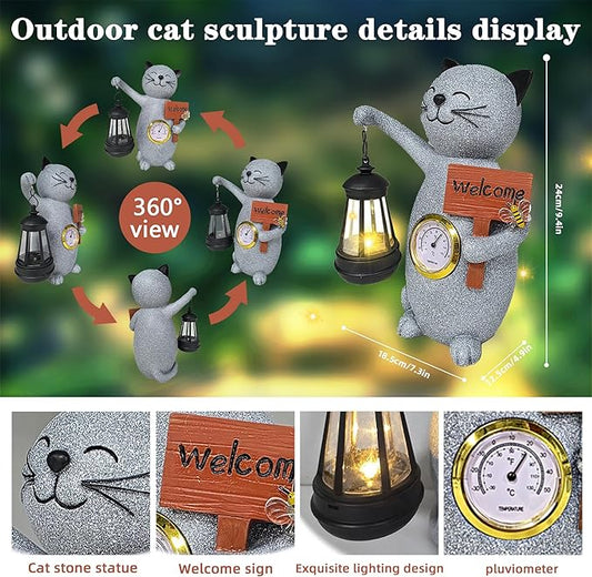 Solar Cat Garden Statue with Thermometer, Lantern, and Welcome Sign