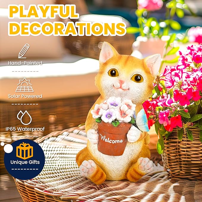 Cat Solar Garden Statue with Flower Pot and 5 LED Lights - Resin Outdoor Decor