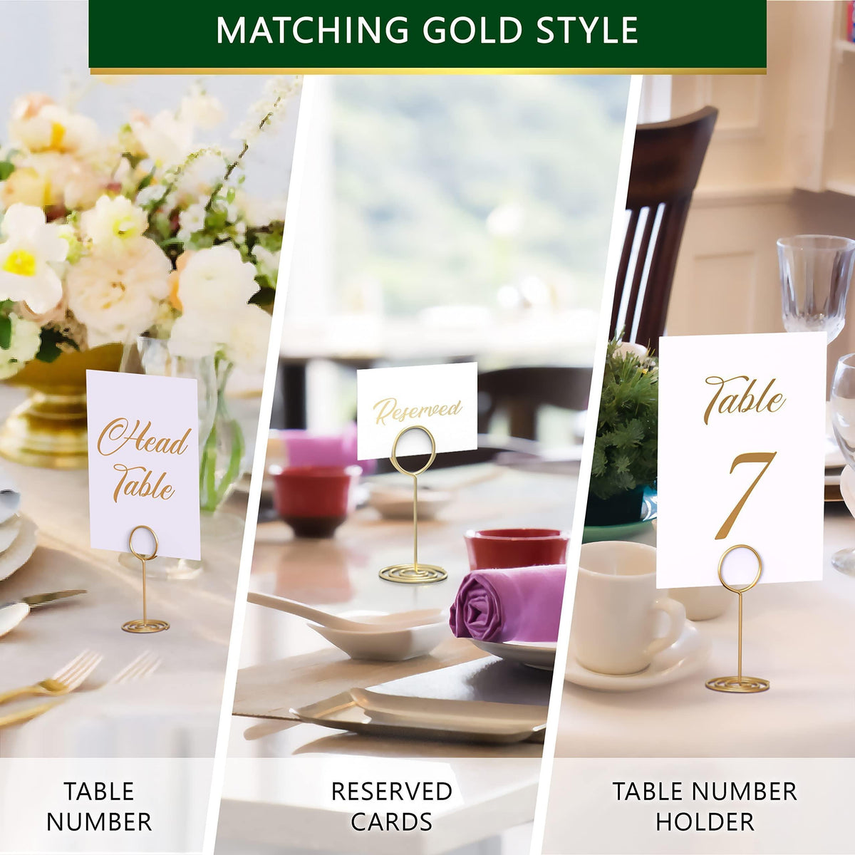 Gold table number holder and other place card displays arranged at a wedding setting