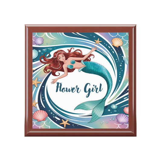 Mermaid Flower Girl Jewelry Box – Illustrated Mermaid ‘Flower Girl’ Keepsake Box | Rubberwood | Ebony Black, Golden Oak or Red Mahogany | Beach Wedding Bridal Gift