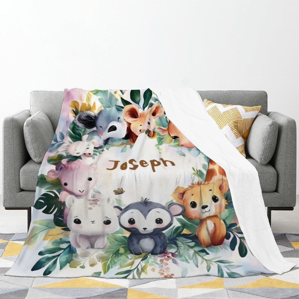 Safari animals blanket with 'Jason' name, colorful jungle-print on white background