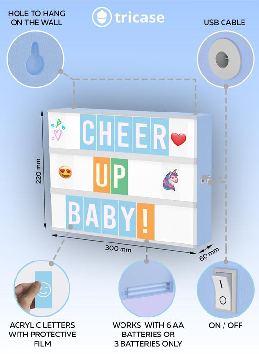 Blue Cinema Light Box with 312 Letters Emojis 3 Markers Led Board Decor for Girl