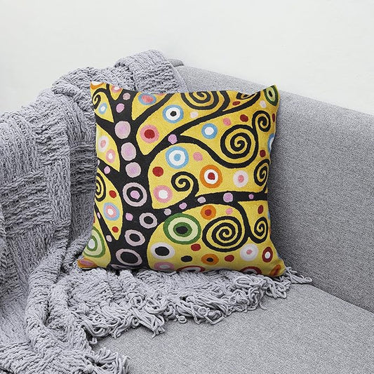 18x18 pillow cover, yellow and purple abstract swirl and dot motif