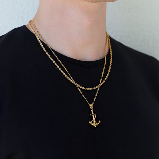 Gold layered rope necklaces with two anchor pendant charms