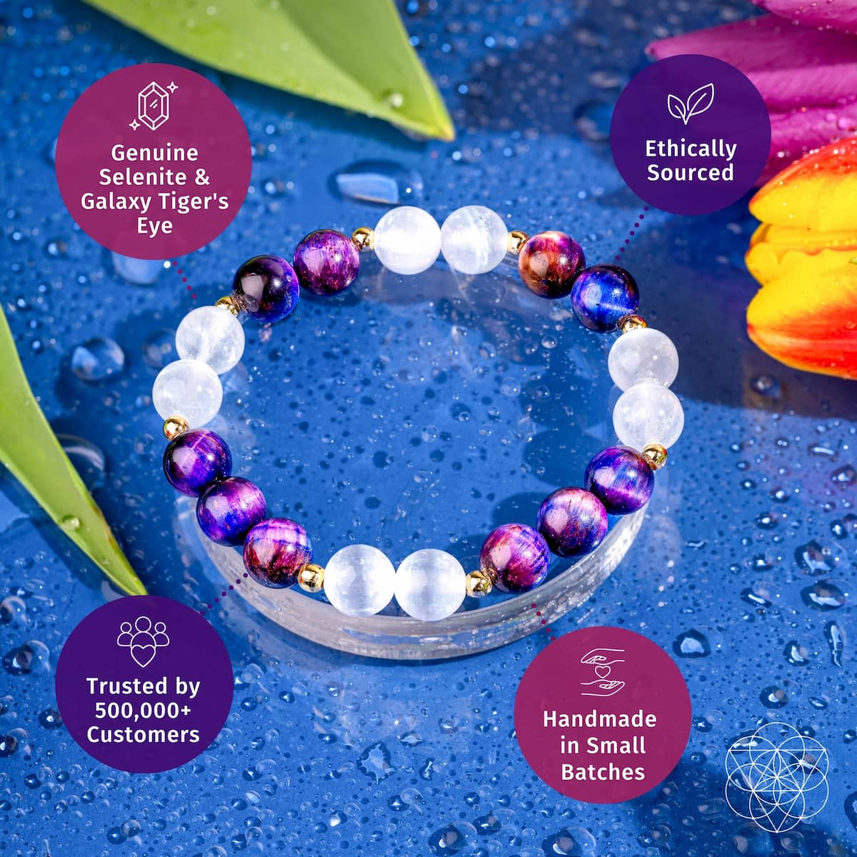 Purple and white beaded bracelet arranged in a circular display bowl