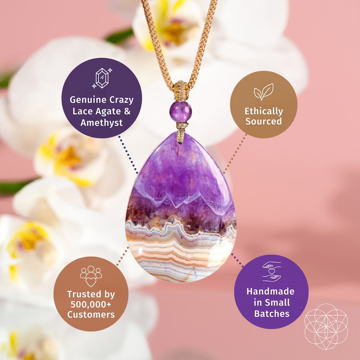 Amethyst & crazy lace agate teardrop pendant on gold chain with small purple bead