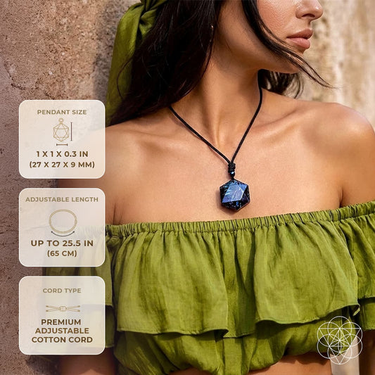 Arfvedsonite pendant worn on model with adjustable dark braided cord