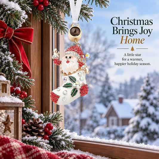 Santa stocking ornament hanging on ribbon, red jeweled Santa with holly accents