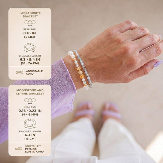 Stacked beaded bracelet in white and gold tones with adjustable cord on wrist
