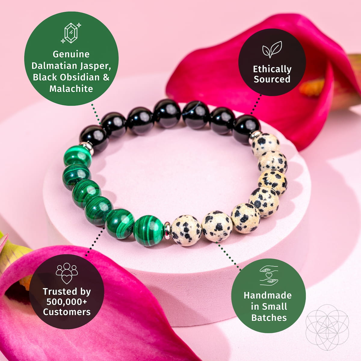 Beaded gemstone bracelet with green malachite, black obsidian, and white dalmatian jasper beads