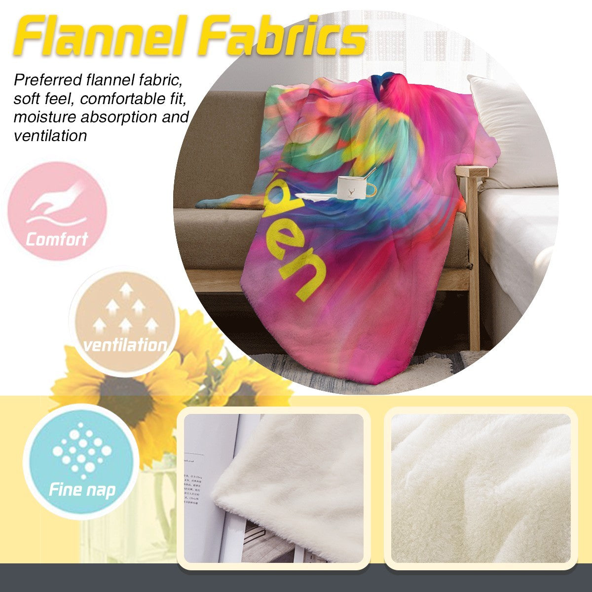 Flannel fabric blanket, rainbow parrot name print with softness and ventilation icons