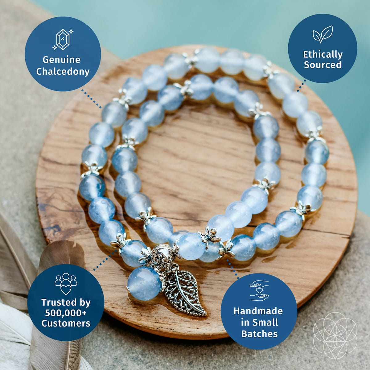 The Elegant Calming Bracelet – Chalcedony Double-Wrap Bracelet with Leaf Charm